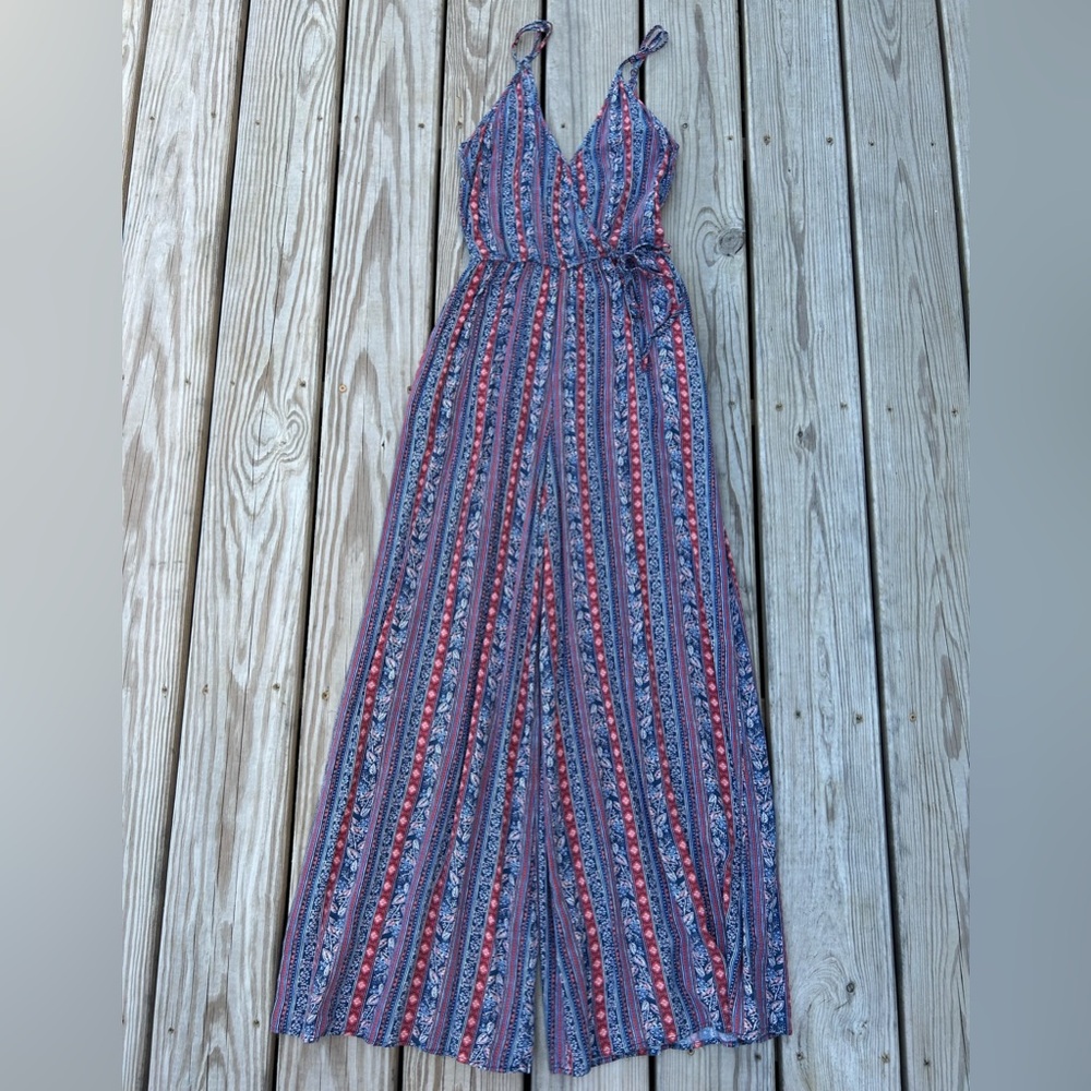 Band of Gypsies Blue Striped Sleeveless Jumpsuit Wide Leg V-Neck Pockets M Boho‎